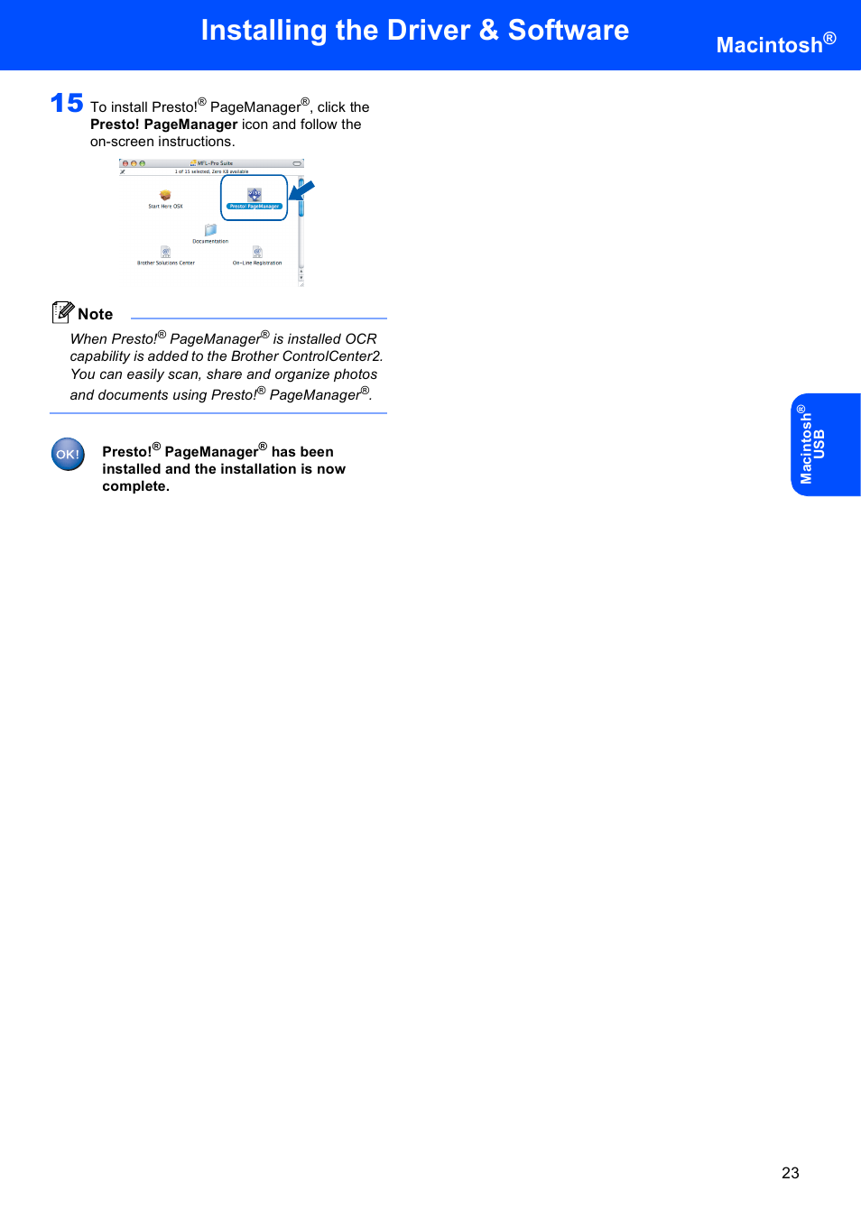 Installing the driver & software, Macintosh | Brother DCP-330C User Manual | Page 25 / 33