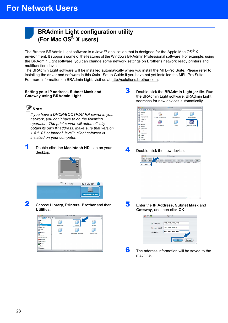 Bradmin light configuration utility (for mac os, X users), For network users | Brother DCP-330C User Manual | Page 30 / 33
