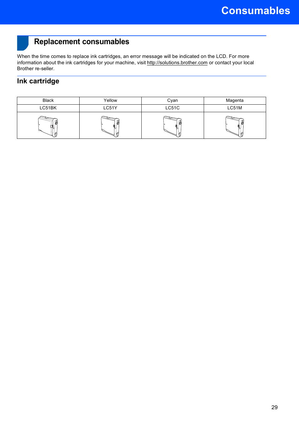 Consumables, Replacement consumables, Ink cartridge | Brother DCP-330C User Manual | Page 31 / 33