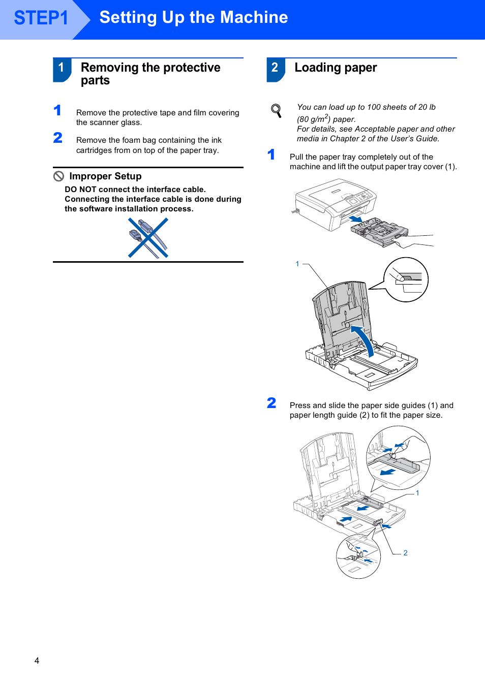Step1 setting up the machine, 1 removing the protective parts, 2 loading paper | Step1, Setting up the machine, Removing the protective parts loading paper, 1removing the protective parts, 2loading paper | Brother DCP-330C User Manual | Page 6 / 33