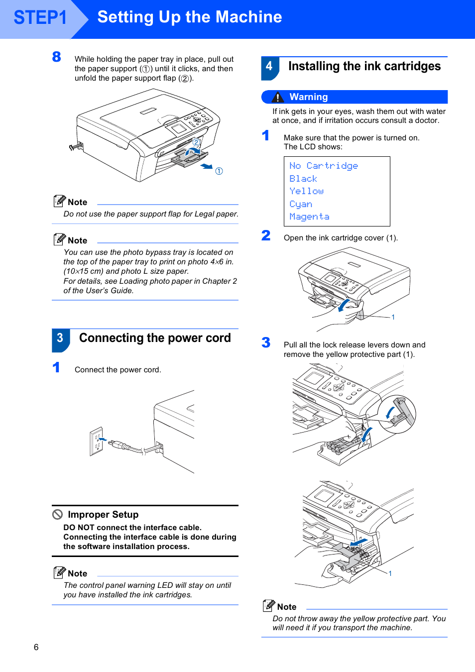 3 connecting the power cord, 4 installing the ink cartridges, Step1 | Setting up the machine, 3connecting the power cord, 4installing the ink cartridges, No cartridge black yellow cyan magenta, Improper setup, Warning | Brother DCP-330C User Manual | Page 8 / 33