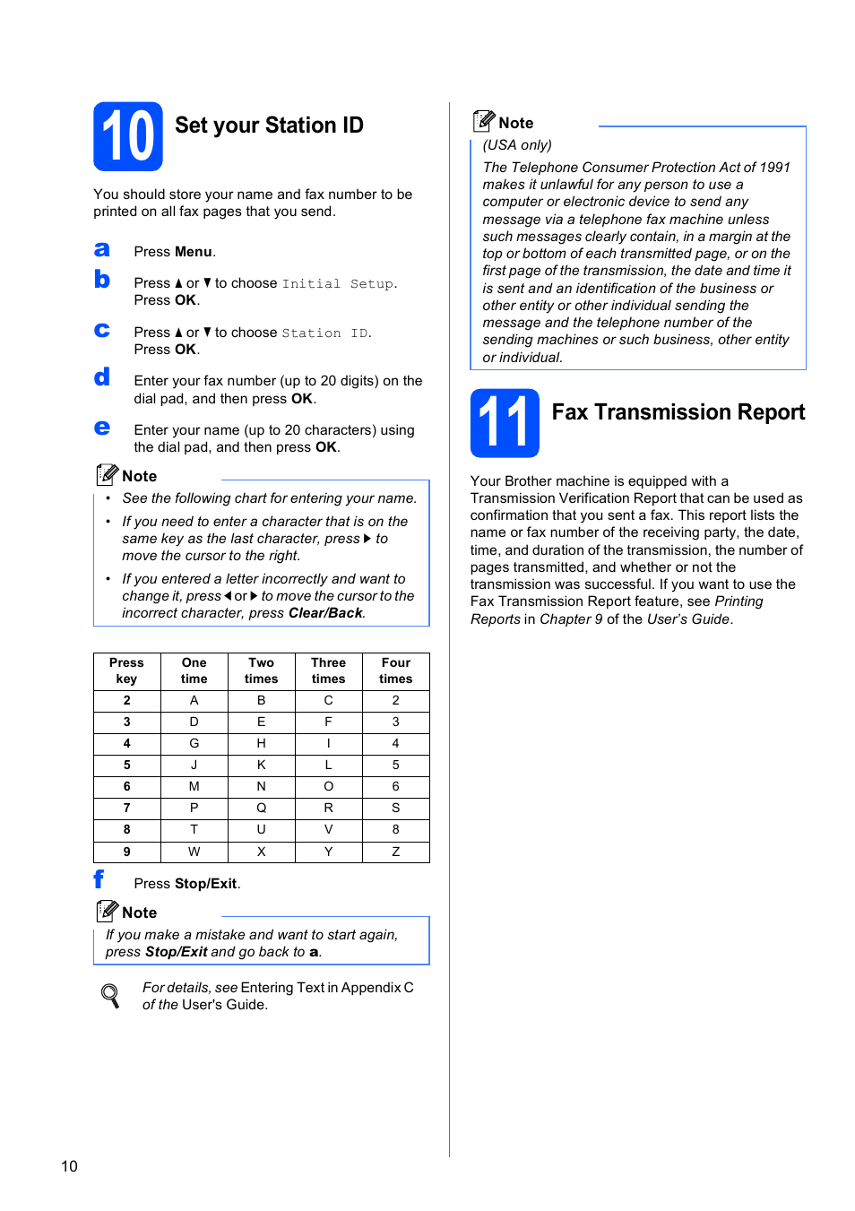 10 set your station id, 11 fax transmission report, Set your station id | Fax transmission report | Brother MFC-495CW User Manual | Page 10 / 46