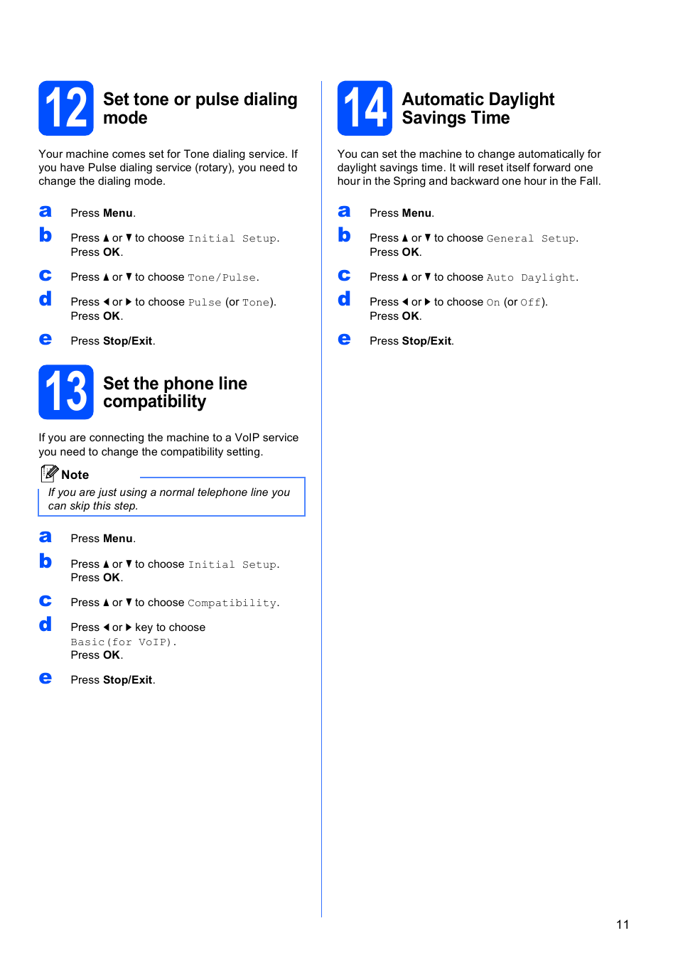 12 set tone or pulse dialing mode, 13 set the phone line compatibility, 14 automatic daylight savings time | Brother MFC-495CW User Manual | Page 11 / 46