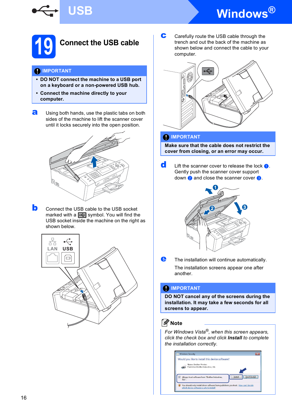 19 connect the usb cable, Windows, Connect the usb cable | Brother MFC-495CW User Manual | Page 16 / 46