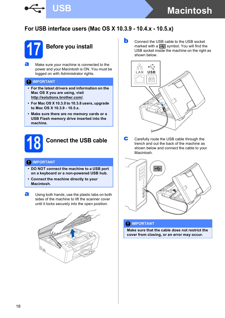 17 before you install, 18 connect the usb cable, Macintosh usb | Brother MFC-495CW User Manual | Page 18 / 46