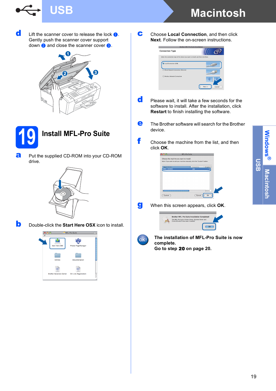 19 install mfl-pro suite, Macintosh usb, Install mfl-pro suite | Brother MFC-495CW User Manual | Page 19 / 46