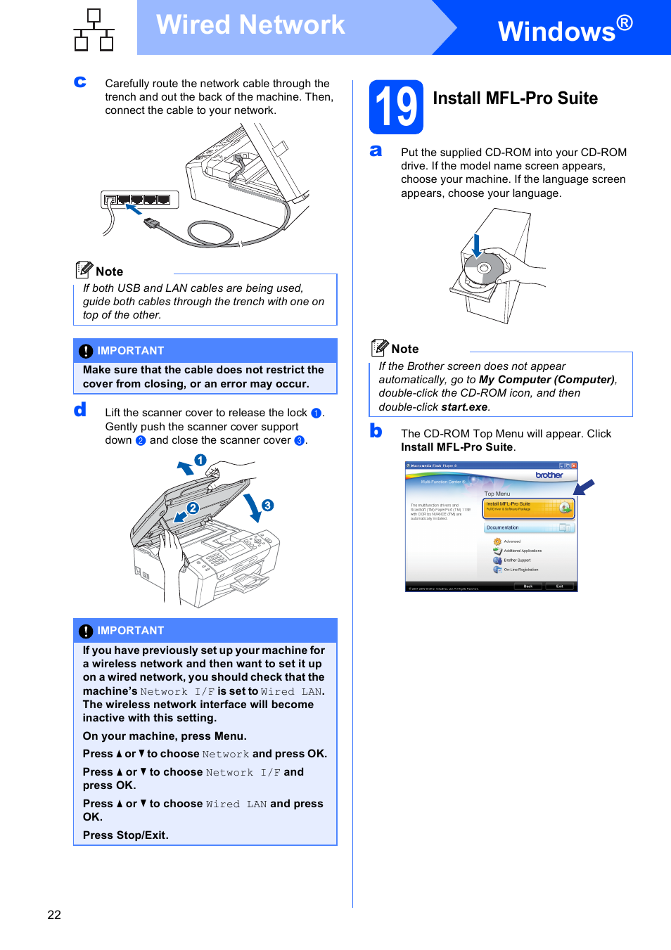 19 install mfl-pro suite, Windows, Wired network | Install mfl-pro suite | Brother MFC-495CW User Manual | Page 22 / 46