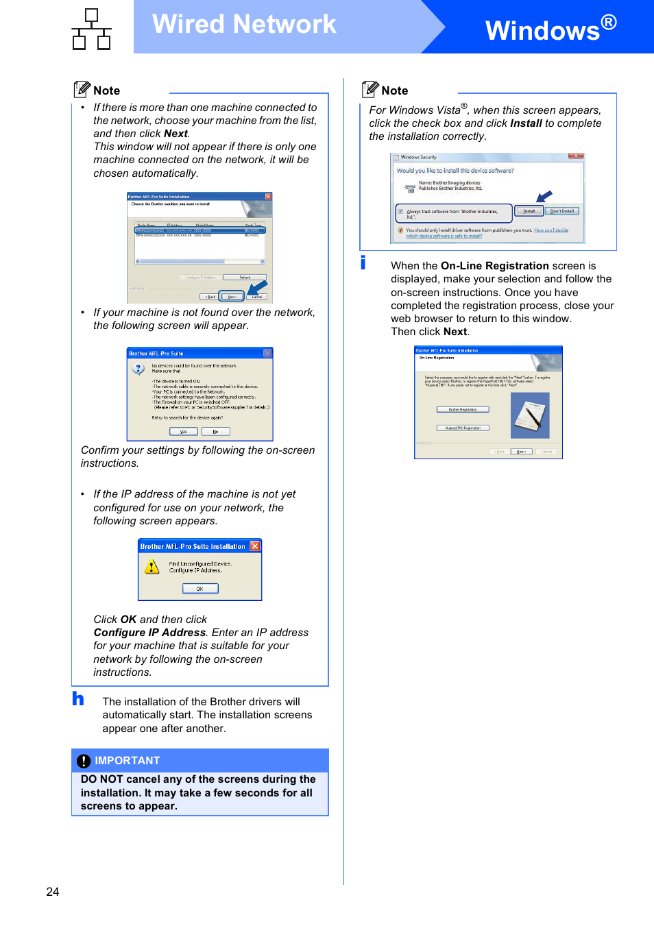 Windows, Wired network | Brother MFC-495CW User Manual | Page 24 / 46