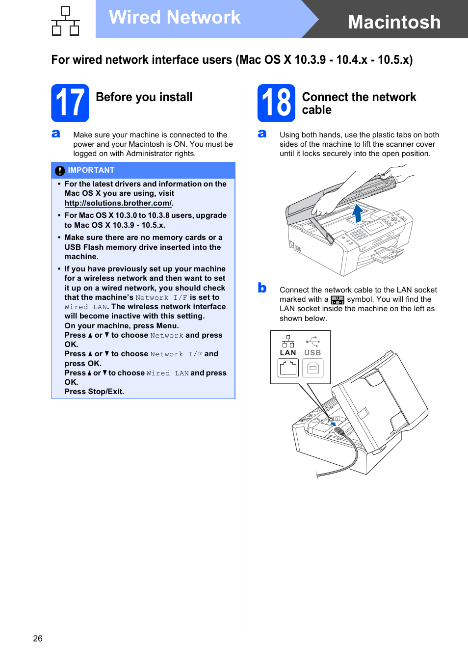 17 before you install, 18 connect the network cable, Macintosh wired network | Brother MFC-495CW User Manual | Page 26 / 46