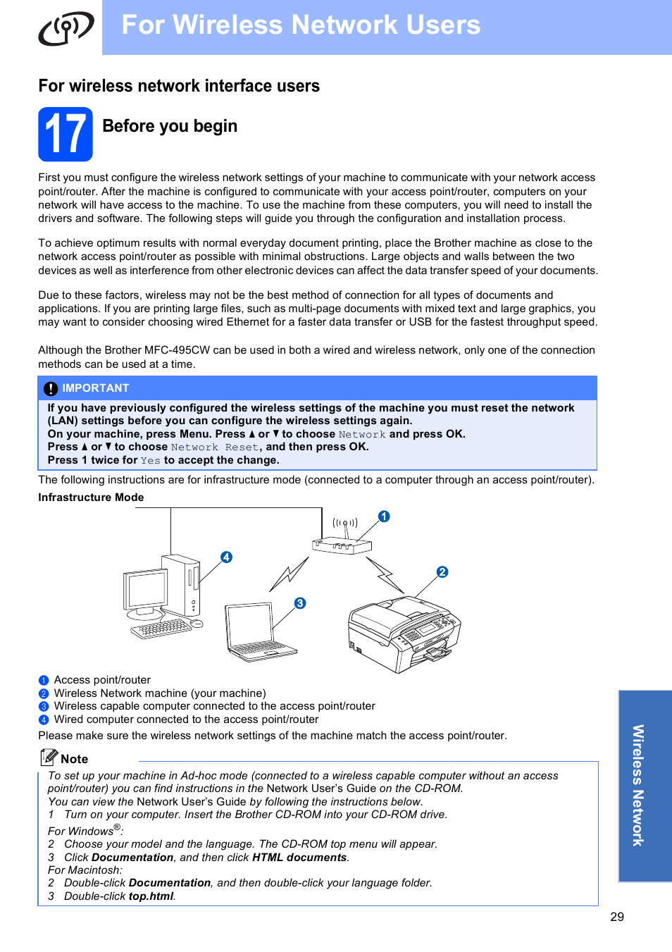 For wireless network interface users, 17 before you begin, For wireless network users | Before you begin | Brother MFC-495CW User Manual | Page 29 / 46