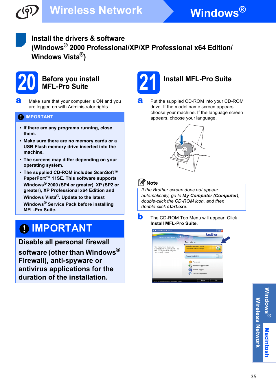 20 before you install mfl-pro suite, 21 install mfl-pro suite, Windows | Wireless network, Important | Brother MFC-495CW User Manual | Page 35 / 46
