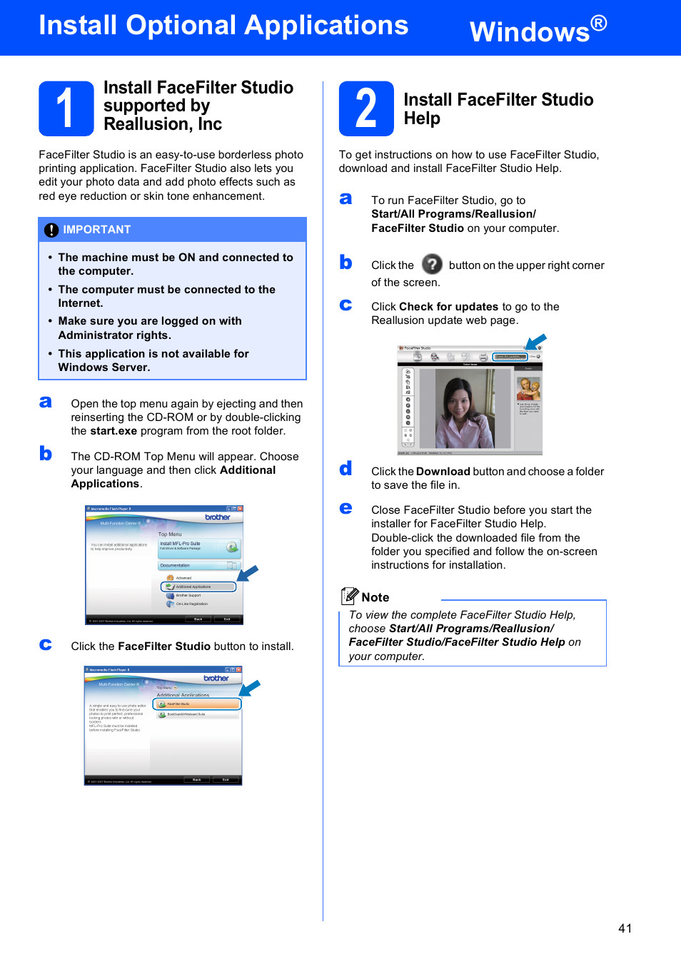 Install optional applications windows, 2 install facefilter studio help, Windows | Install optional applications | Brother MFC-495CW User Manual | Page 41 / 46