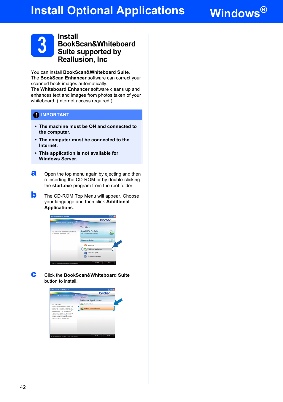 Windows, Install optional applications | Brother MFC-495CW User Manual | Page 42 / 46