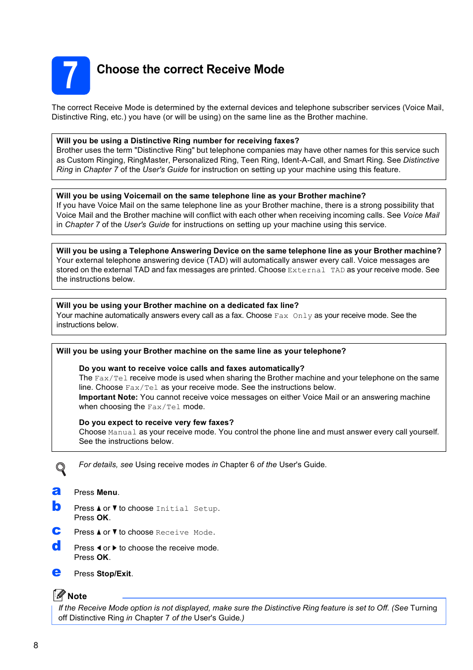 7 choose the correct receive mode, Choose the correct receive mode | Brother MFC-495CW User Manual | Page 8 / 46