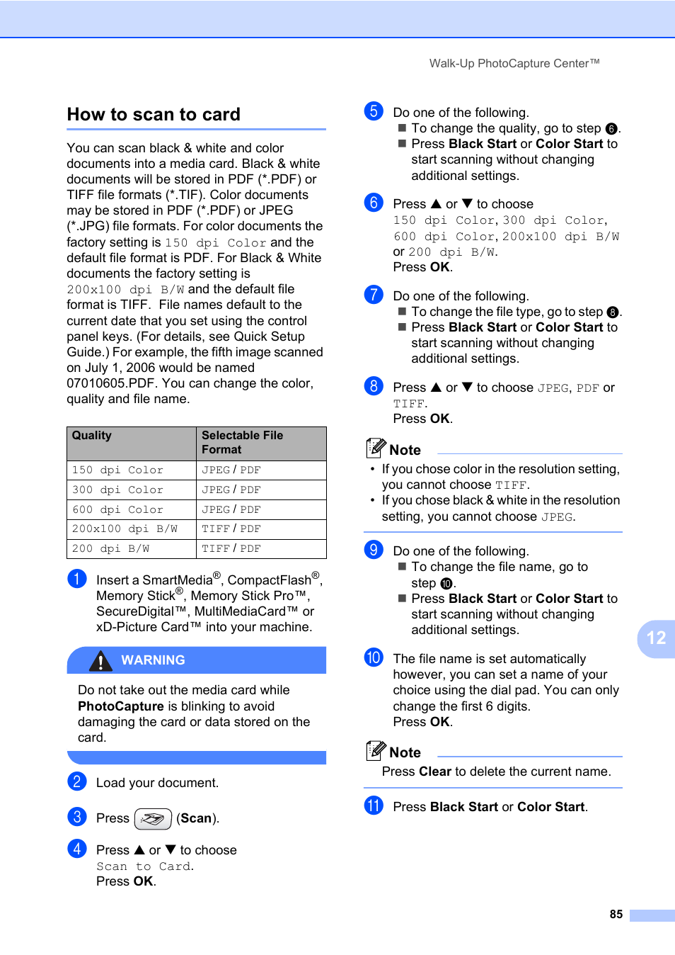 How to scan to card, 12 how to scan to card | Brother MFC-820CW User Manual | Page 101 / 171