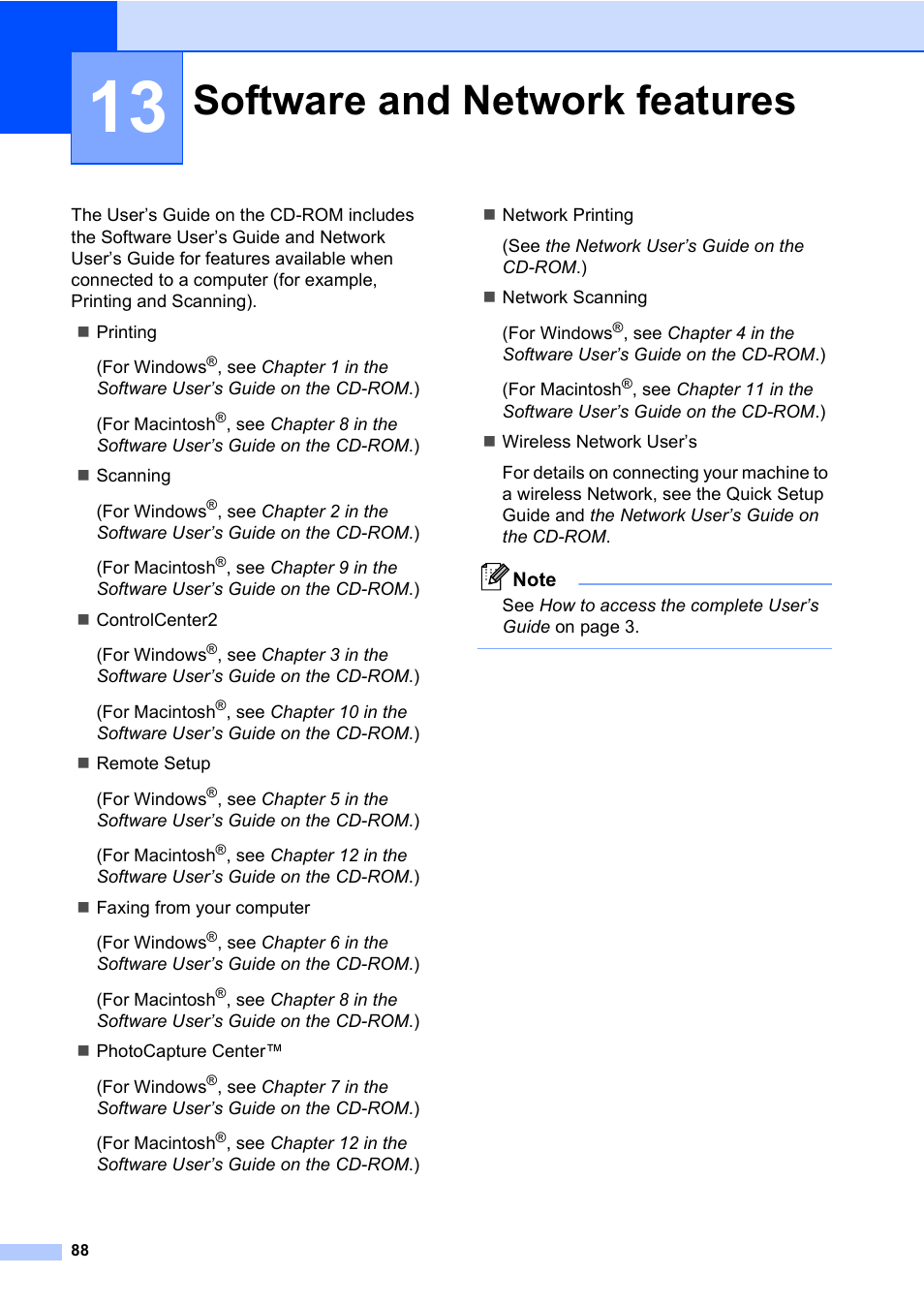 13 software and network features, Software and network features | Brother MFC-820CW User Manual | Page 104 / 171
