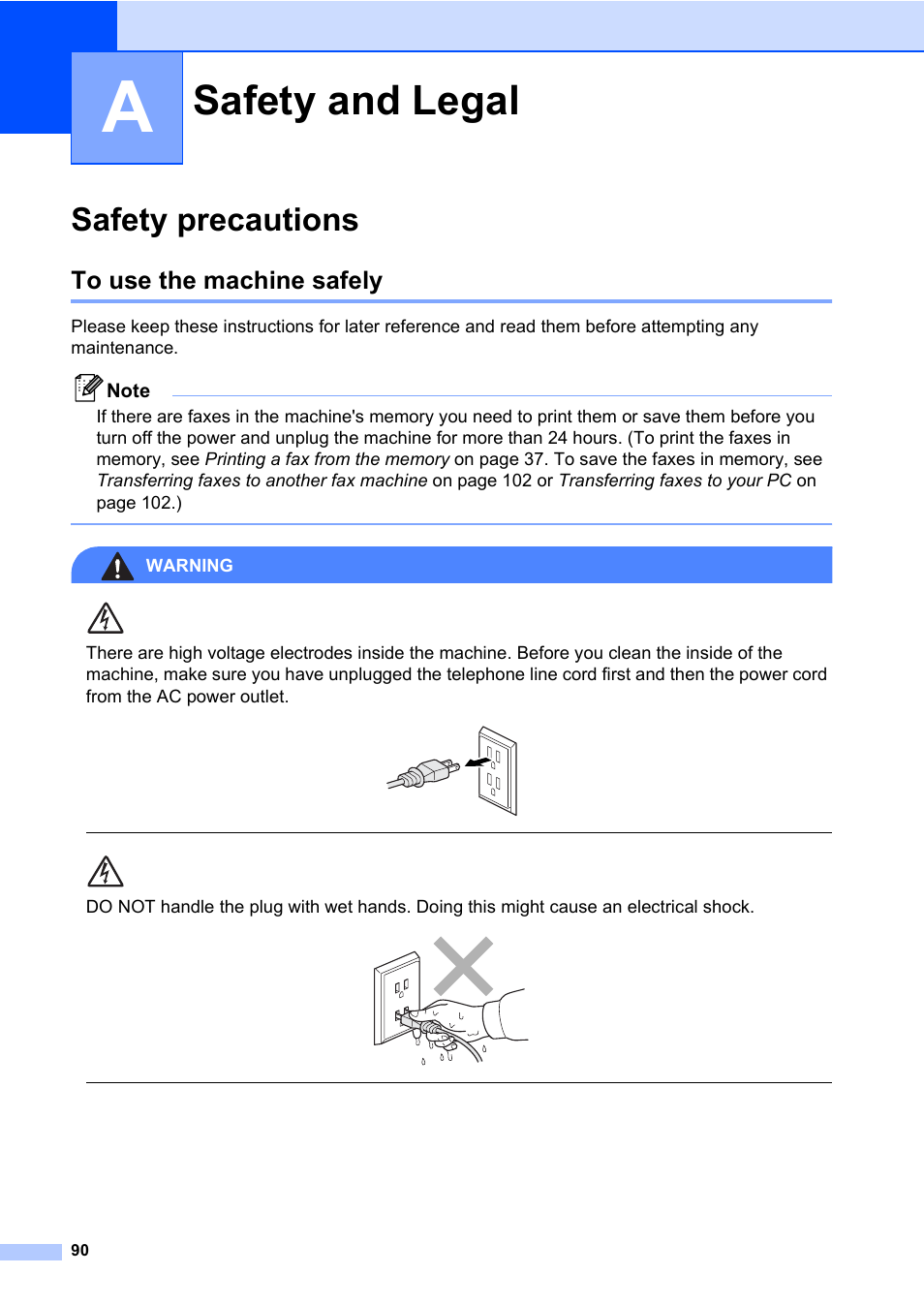 A safety and legal, Safety precautions, To use the machine safely | Safety and legal | Brother MFC-820CW User Manual | Page 106 / 171