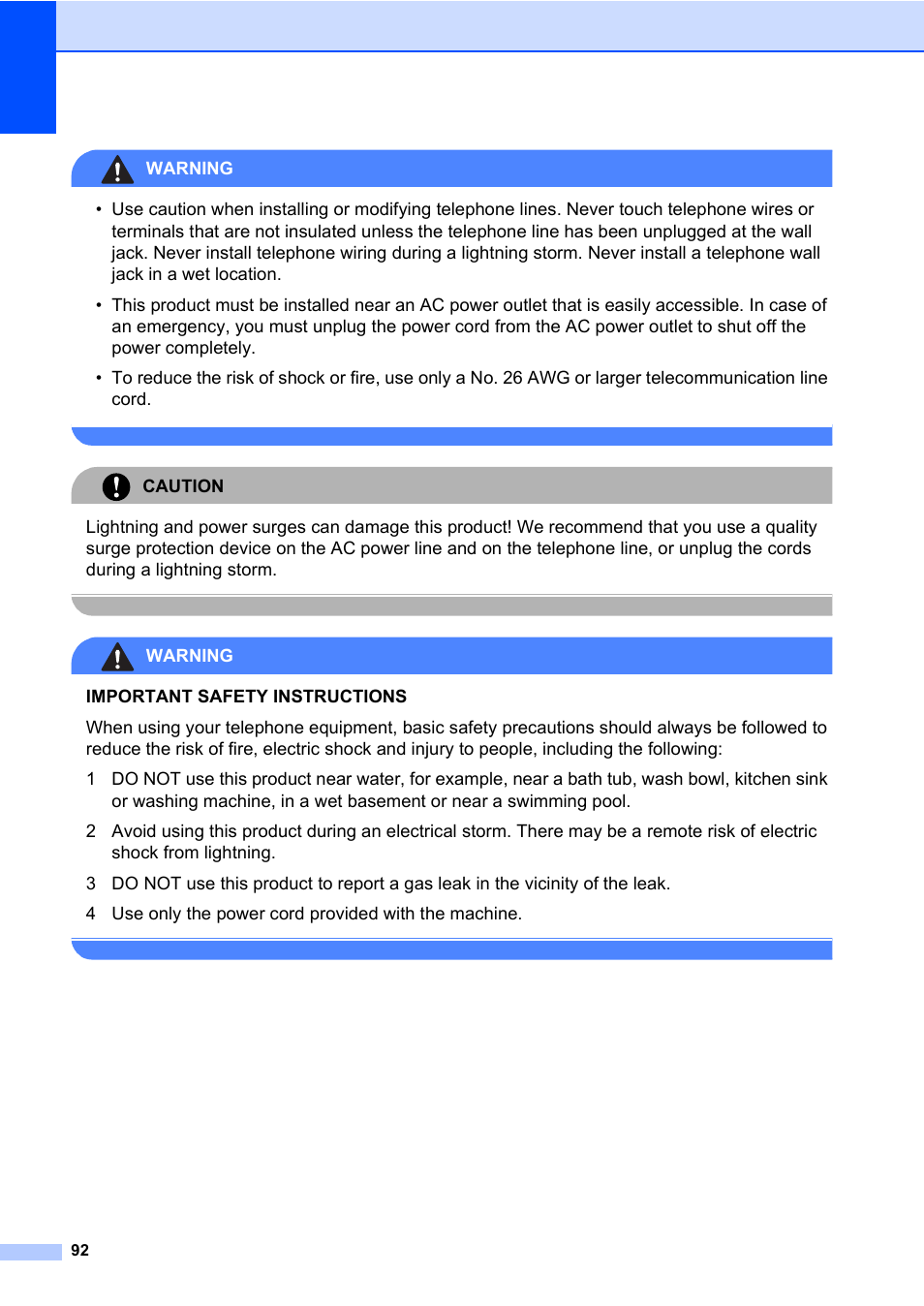 Warning, Caution | Brother MFC-820CW User Manual | Page 108 / 171