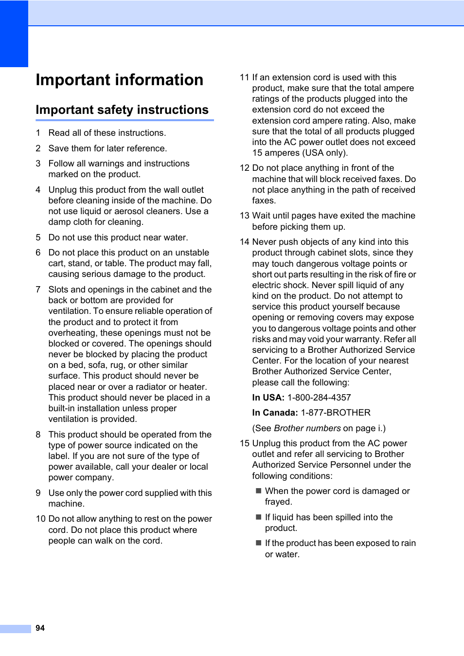 Important information, Important safety instructions | Brother MFC-820CW User Manual | Page 110 / 171