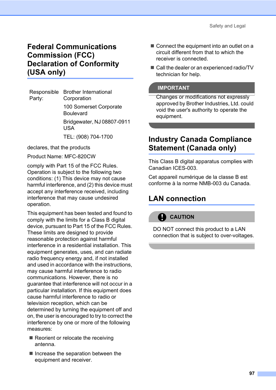 Industry canada compliance statement (canada only), Lan connection, Usa only) | Brother MFC-820CW User Manual | Page 113 / 171