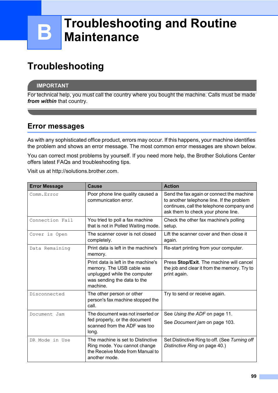 B troubleshooting and routine maintenance, Troubleshooting, Error messages | Troubleshooting and routine maintenance | Brother MFC-820CW User Manual | Page 115 / 171