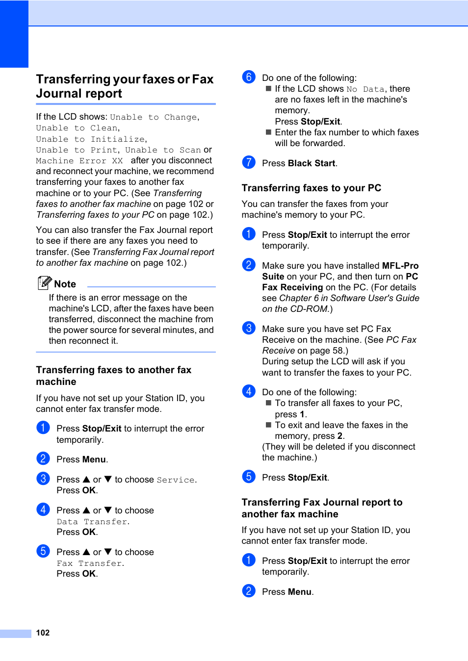 Transferring your faxes or fax journal report, Transferring faxes to another fax machine, Transferring faxes to your pc | Brother MFC-820CW User Manual | Page 118 / 171