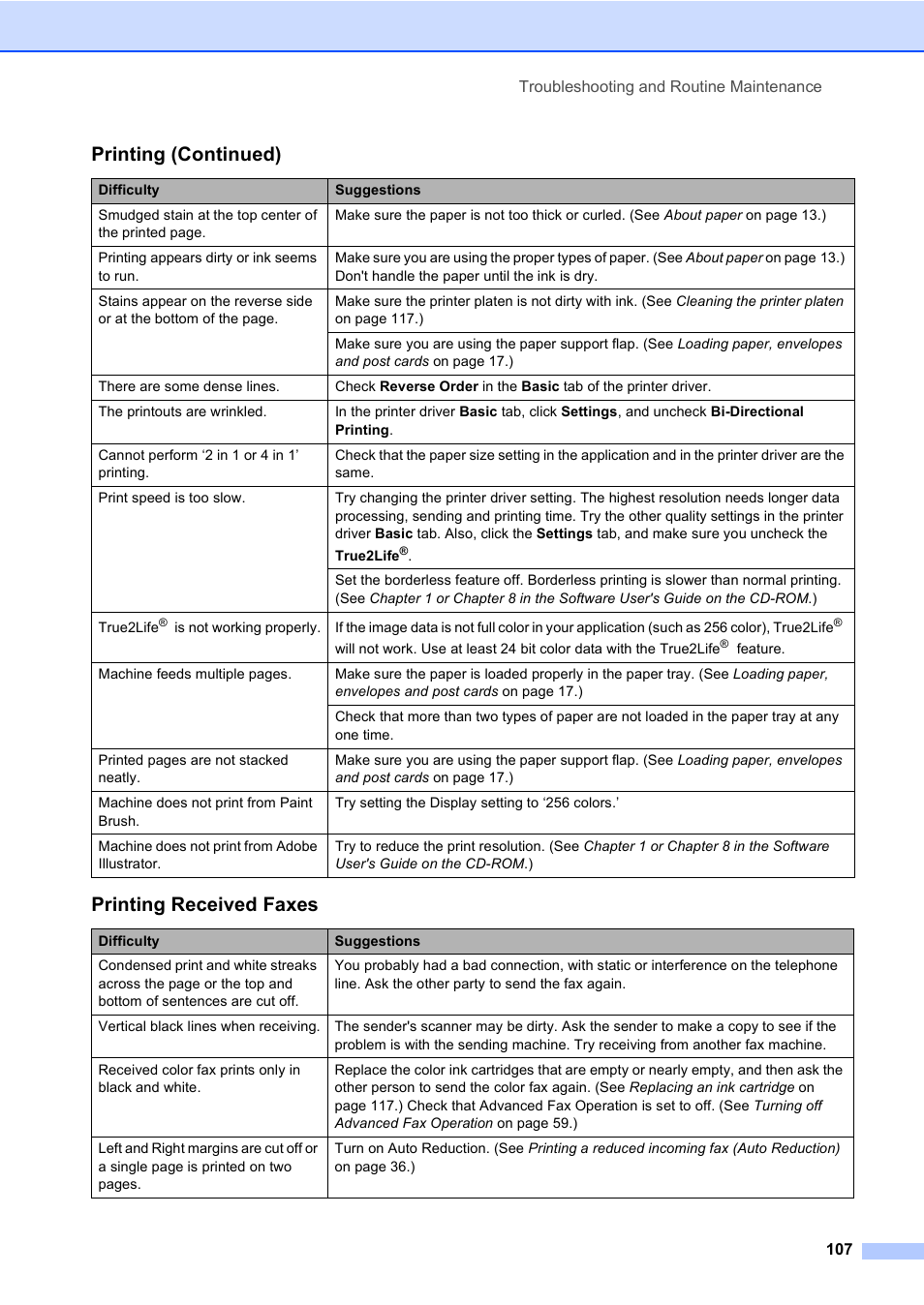 Printing received faxes, Printing (continued) | Brother MFC-820CW User Manual | Page 123 / 171