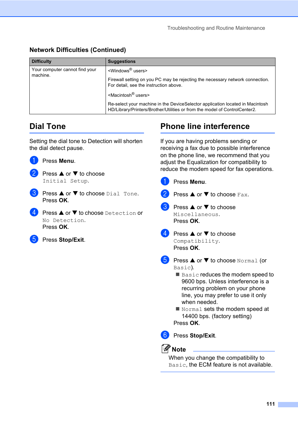 Dial tone, Phone line interference, Dial tone phone line interference | Brother MFC-820CW User Manual | Page 127 / 171