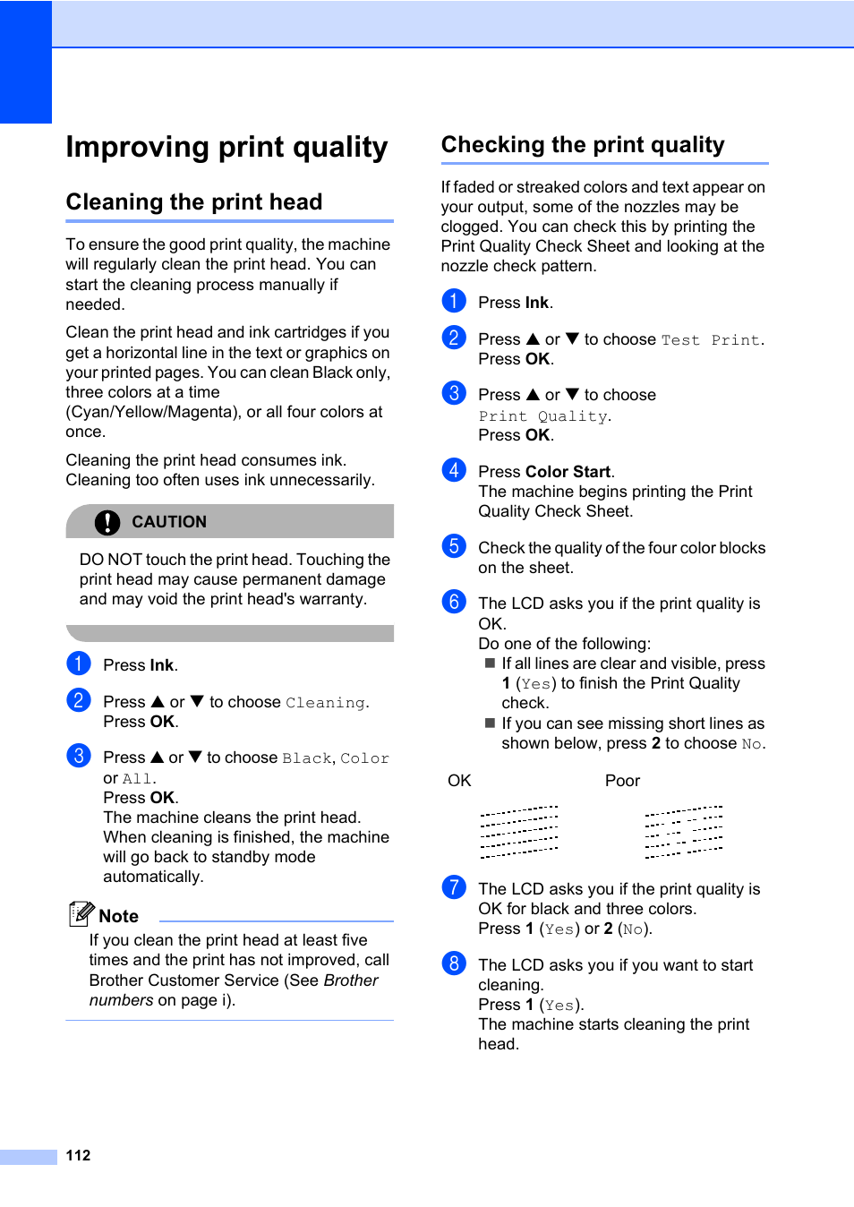 Improving print quality, Cleaning the print head, Checking the print quality | Cleaning the print head checking the print quality | Brother MFC-820CW User Manual | Page 128 / 171