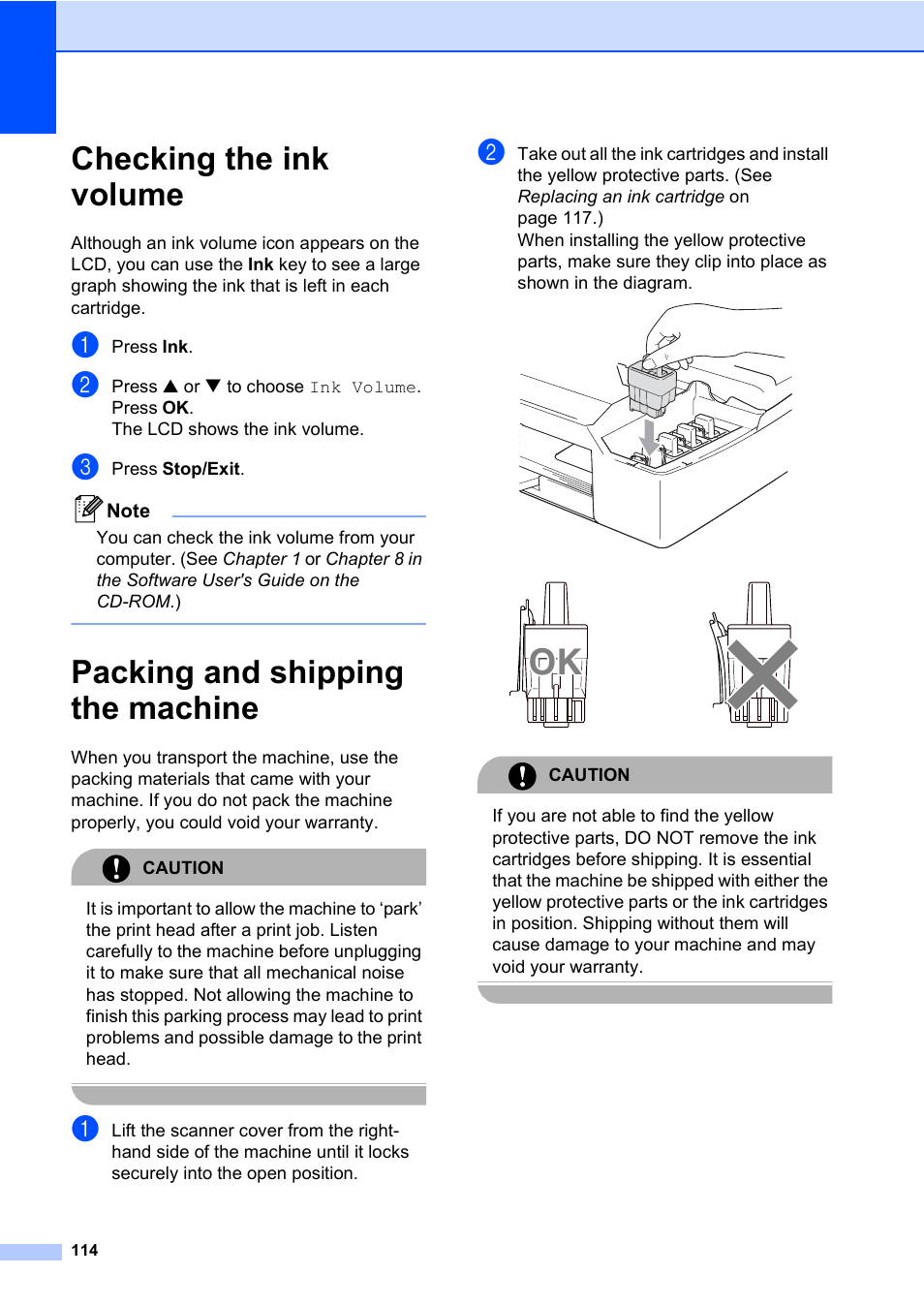 Checking the ink volume, Packing and shipping the machine | Brother MFC-820CW User Manual | Page 130 / 171