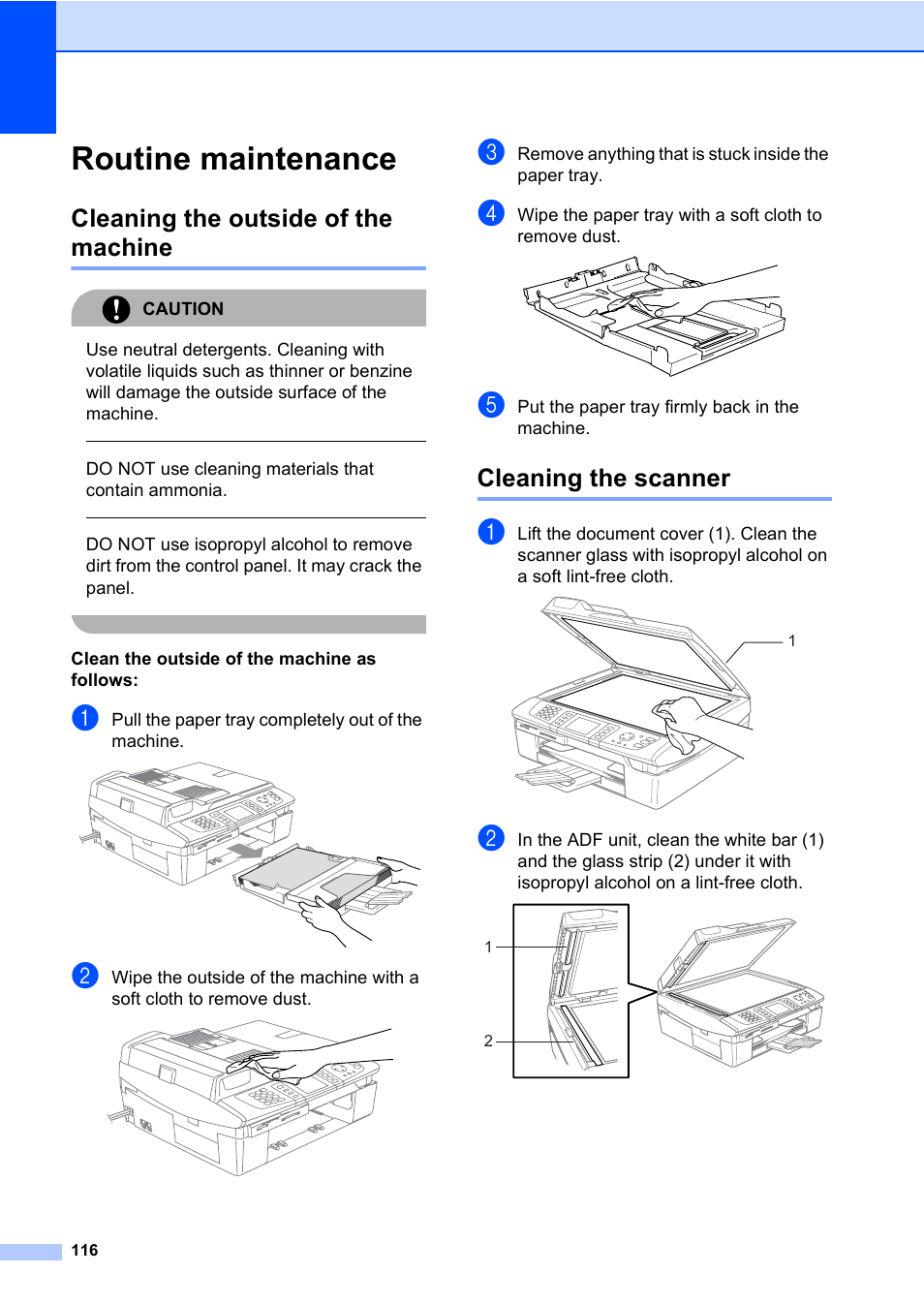 Routine maintenance, Cleaning the outside of the machine, Cleaning the scanner | Brother MFC-820CW User Manual | Page 132 / 171