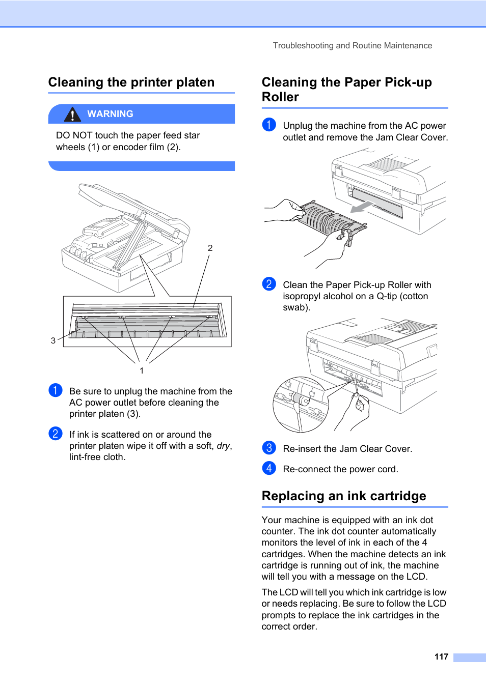 Cleaning the printer platen, Cleaning the paper pick-up roller, Replacing an ink cartridge | Brother MFC-820CW User Manual | Page 133 / 171