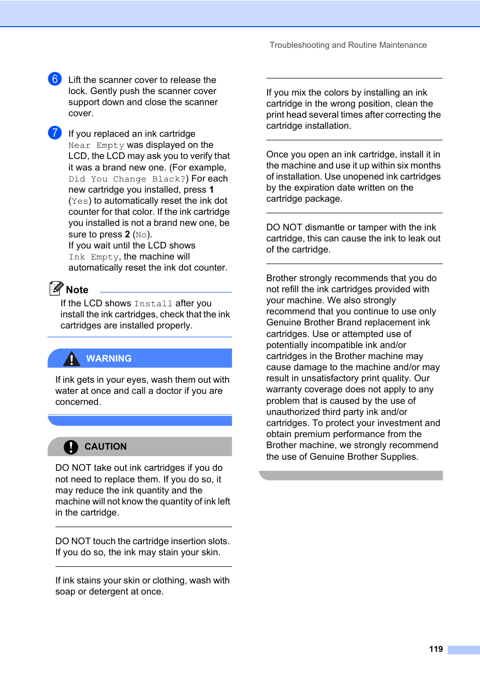 Warning, Caution, Troubleshooting and routine maintenance 119 | Brother MFC-820CW User Manual | Page 135 / 171