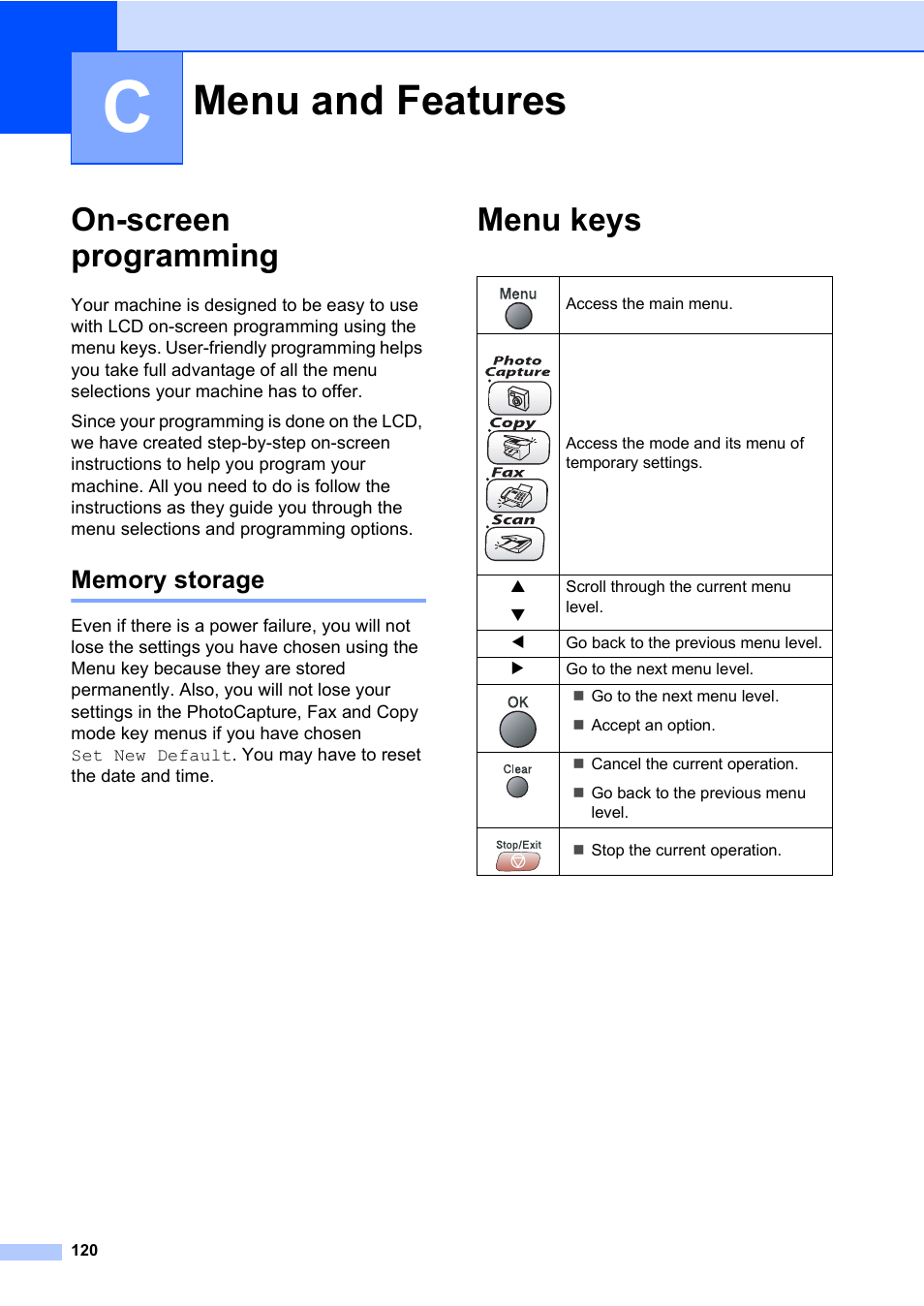 C menu and features, On-screen programming, Memory storage | Menu keys, Menu and features | Brother MFC-820CW User Manual | Page 136 / 171