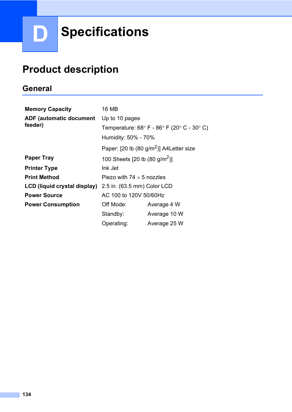 D specifications, Product description, General | Specifications | Brother MFC-820CW User Manual | Page 150 / 171