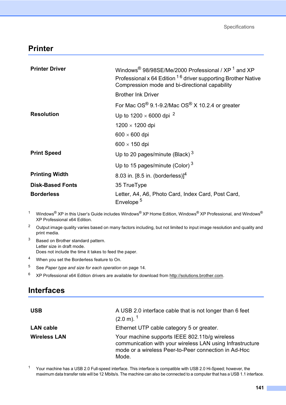 Printer, Interfaces, Printer interfaces | Brother MFC-820CW User Manual | Page 157 / 171