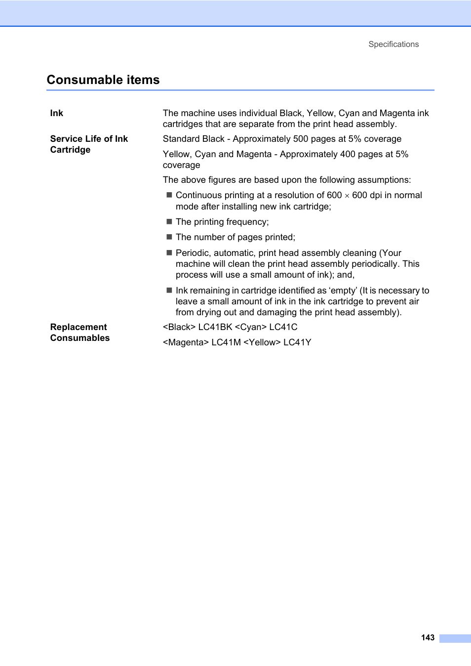 Consumable items | Brother MFC-820CW User Manual | Page 159 / 171
