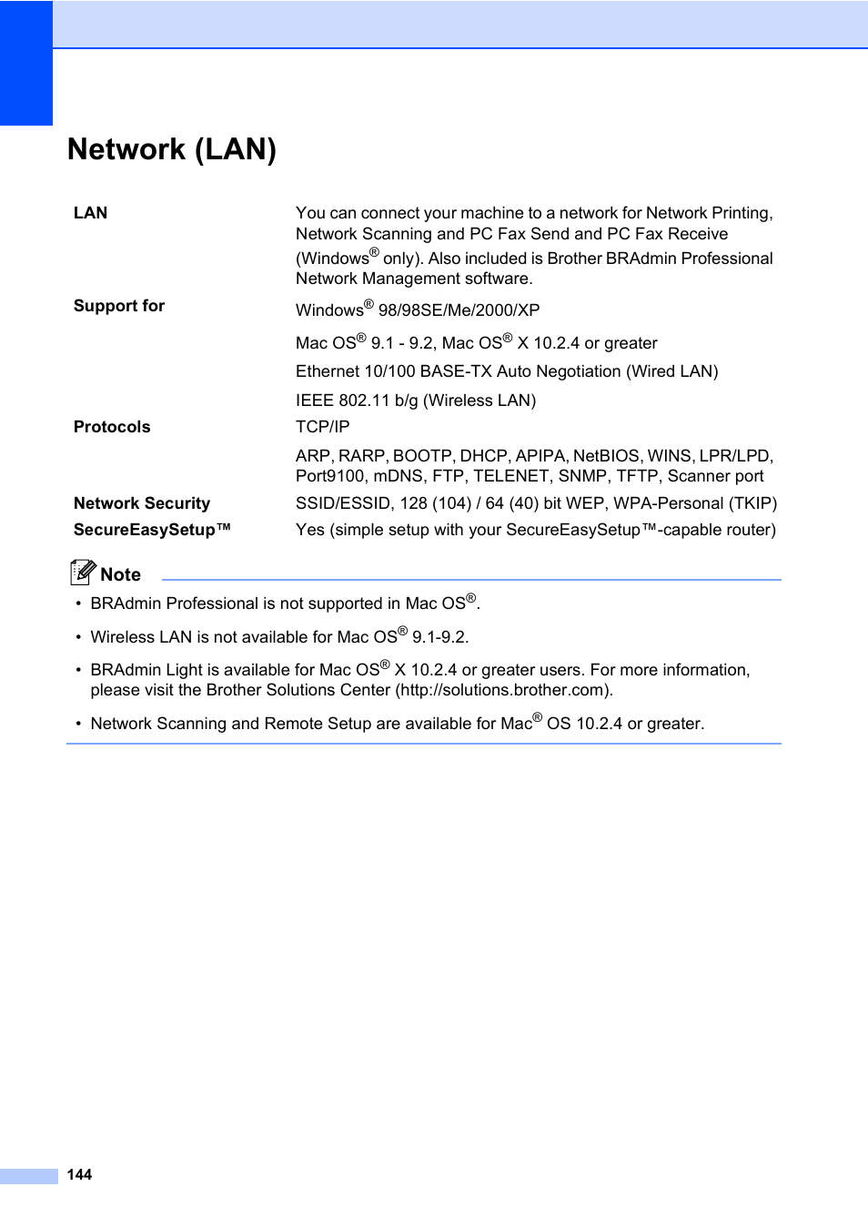 Network (lan) | Brother MFC-820CW User Manual | Page 160 / 171