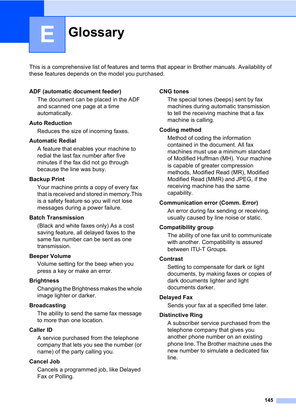 E glossary, Glossary | Brother MFC-820CW User Manual | Page 161 / 171