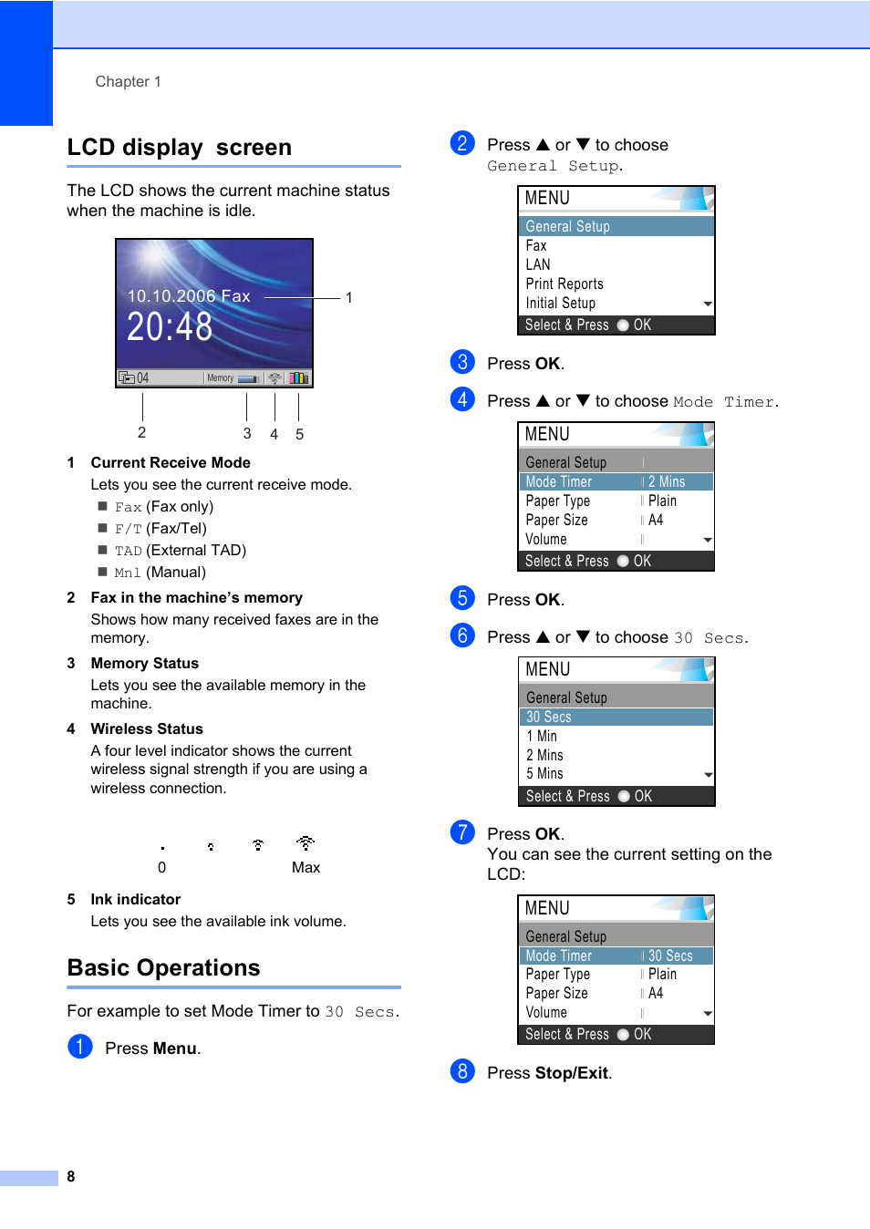 Lcd display screen, Basic operations, Lcd display screen basic operations | Menu | Brother MFC-820CW User Manual | Page 24 / 171