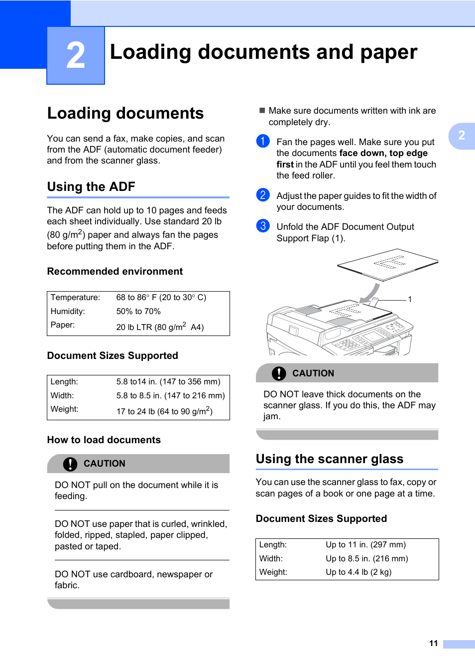 2 loading documents and paper, Loading documents, Using the adf | Recommended environment, Document sizes supported, How to load documents, Using the scanner glass, Loading documents and paper, Using the adf using the scanner glass | Brother MFC-820CW User Manual | Page 27 / 171