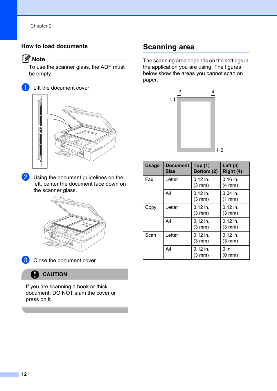 How to load documents, Scanning area | Brother MFC-820CW User Manual | Page 28 / 171