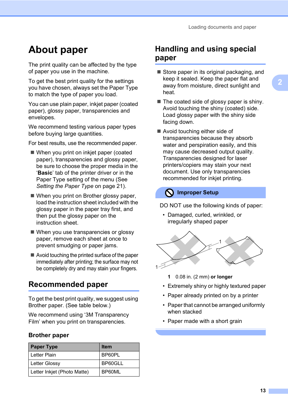 About paper, Recommended paper, Handling and using special paper | Recommended paper handling and using special paper | Brother MFC-820CW User Manual | Page 29 / 171