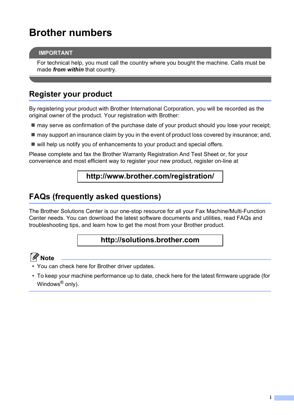 Brother numbers, Register your product, Faqs (frequently asked questions) | Brother MFC-820CW User Manual | Page 3 / 171