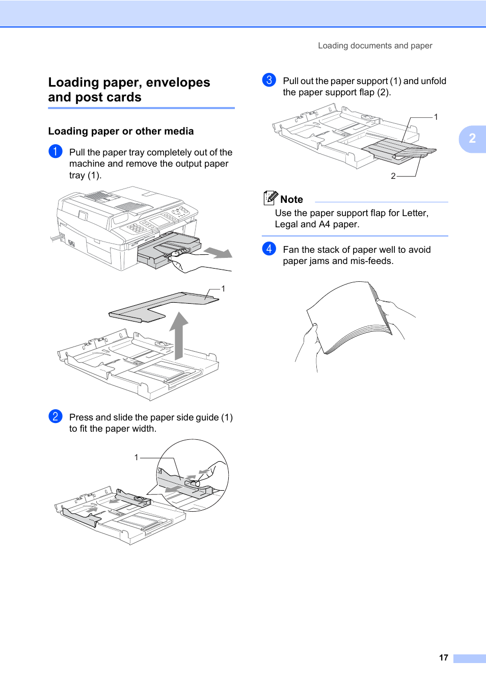 Loading paper, envelopes and post cards, Loading paper or other media, 2loading paper, envelopes and post cards | Brother MFC-820CW User Manual | Page 33 / 171