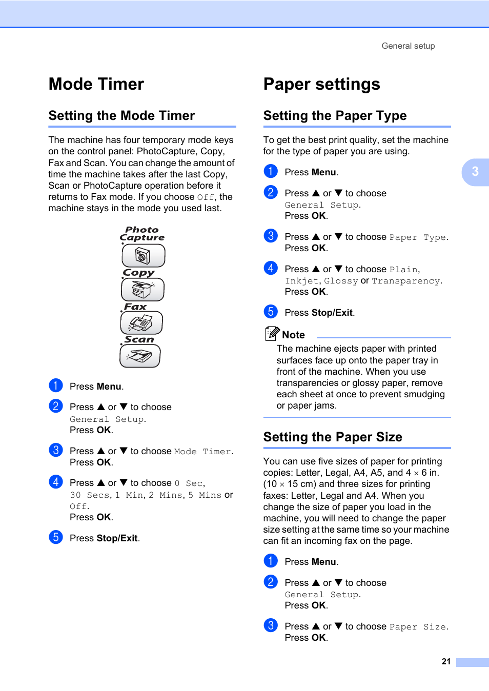 Mode timer, Setting the mode timer, Paper settings | Setting the paper type, Setting the paper size, Setting the paper type setting the paper size | Brother MFC-820CW User Manual | Page 37 / 171