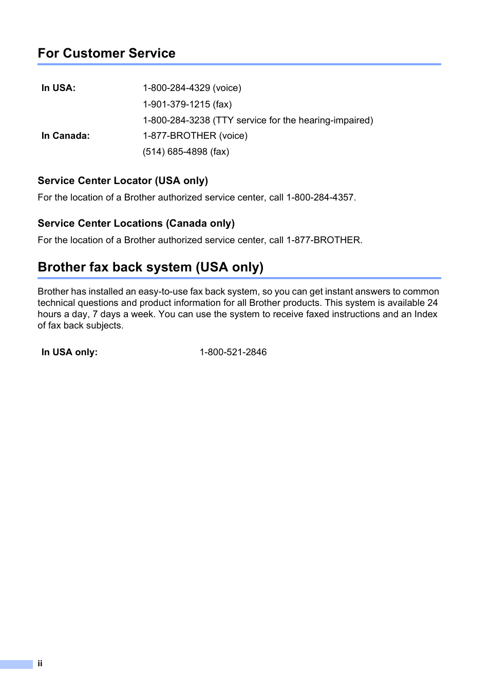 For customer service, Brother fax back system (usa only) | Brother MFC-820CW User Manual | Page 4 / 171