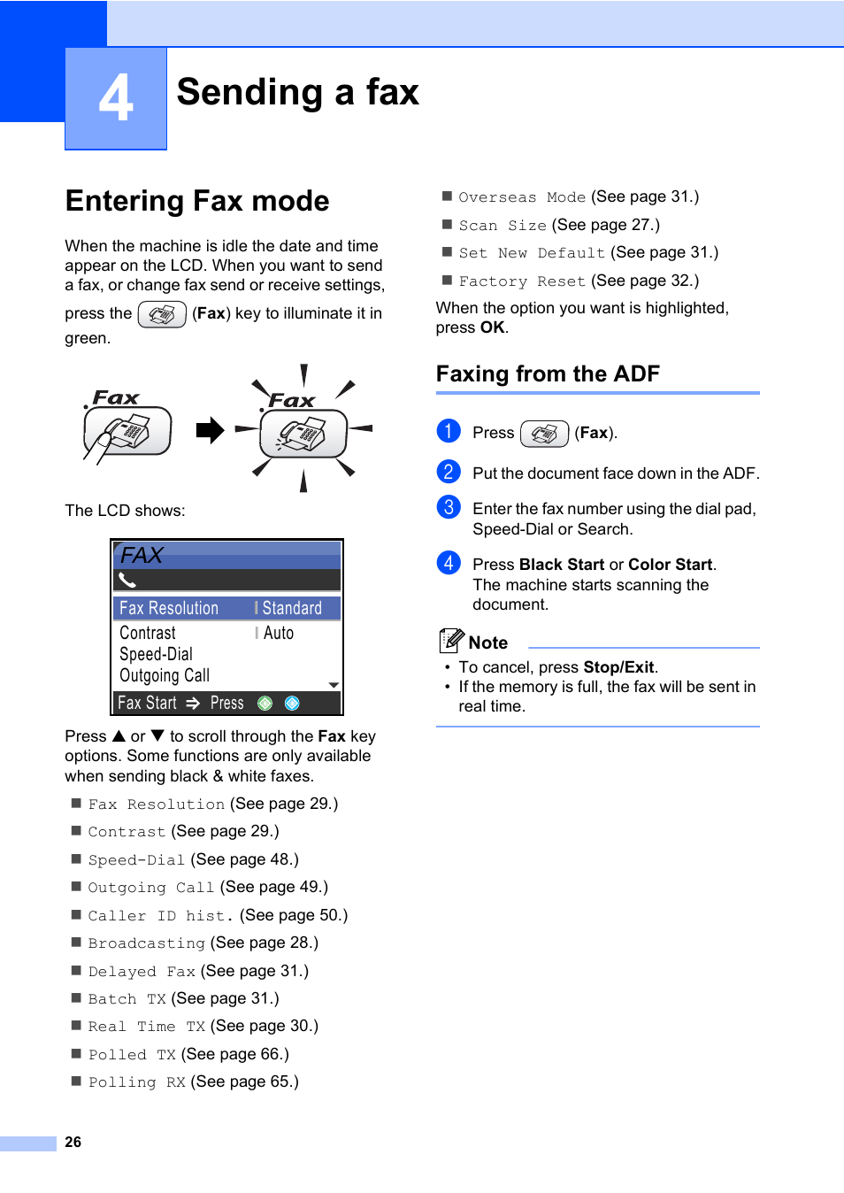 4 sending a fax, Entering fax mode, Faxing from the adf | Sending a fax | Brother MFC-820CW User Manual | Page 42 / 171