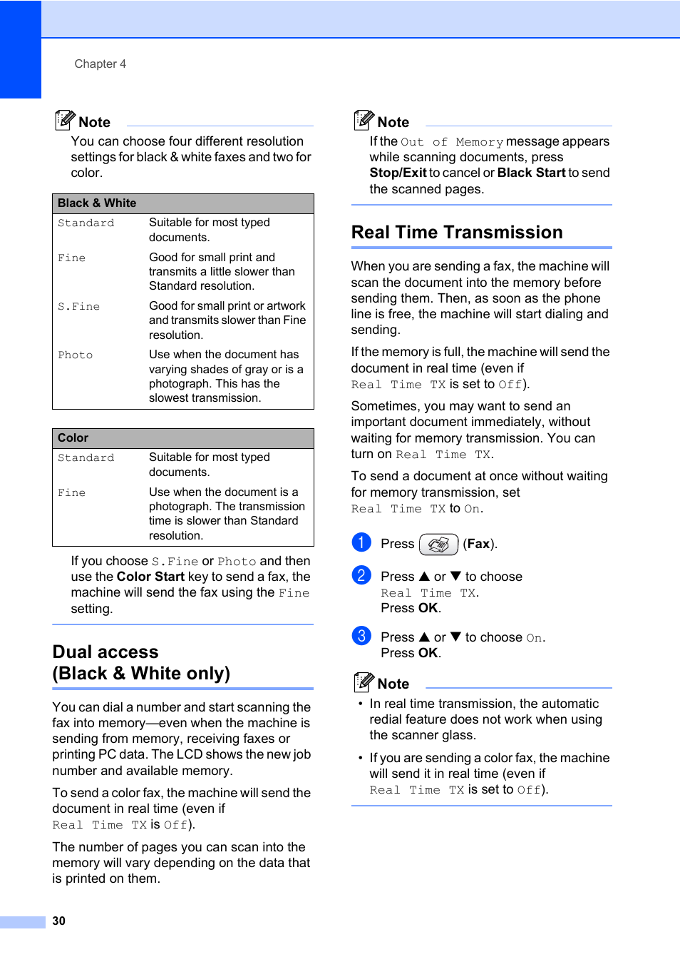 Dual access (black & white only), Real time transmission, Dual access | Black & white only) | Brother MFC-820CW User Manual | Page 46 / 171