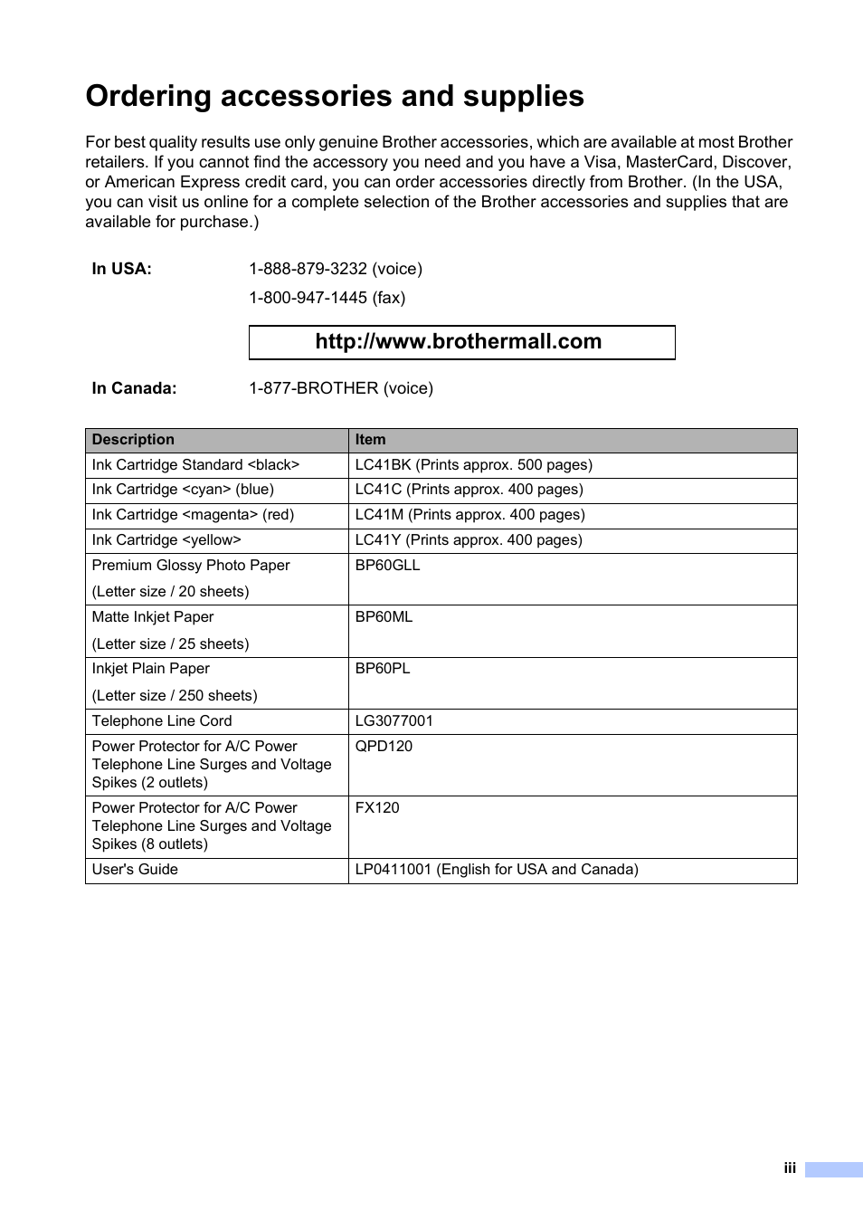 Ordering accessories and supplies | Brother MFC-820CW User Manual | Page 5 / 171